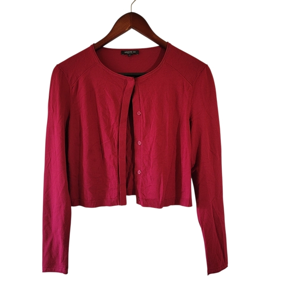 Lafayette 148 Red Wool Cashmere Crop Sweater Sz S Hiden Button Quite Luxury Cozy